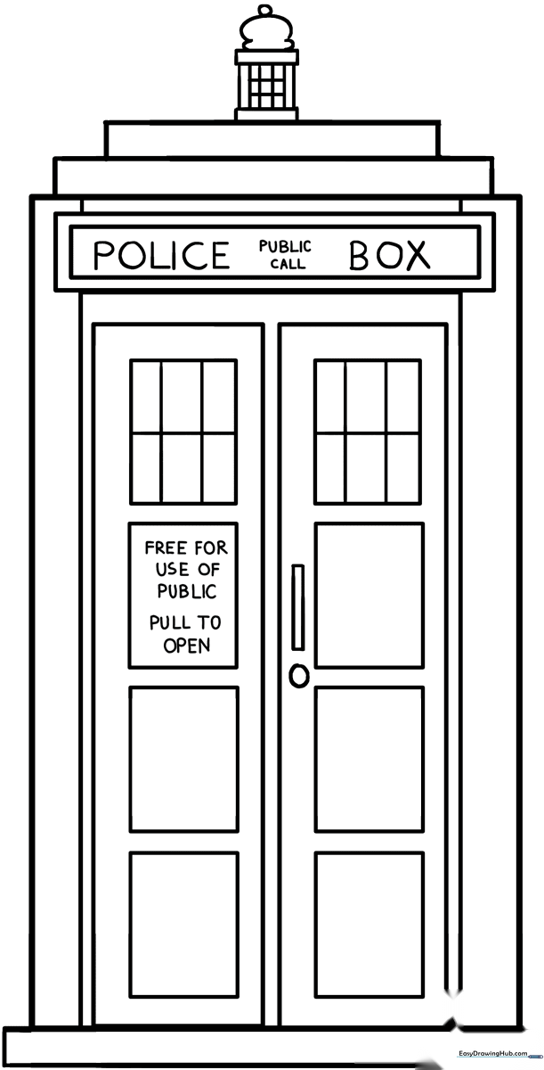 Black and white line art of a classic police box Tardis, featuring clean outlines and distinct panels perfect for children to color.