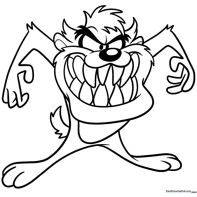 Black and white line art of the Tasmanian Devil from Looney Tunes, featuring his signature wide grin and wild expression, ready for coloring.