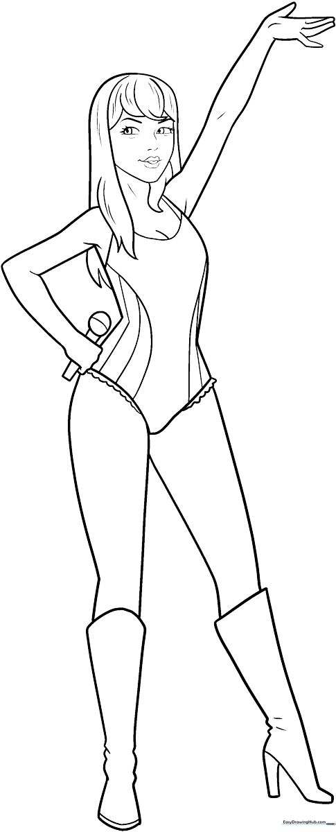 Black and white line art illustration of Taylor Swift, featuring clear outlines for easy coloring and artistic customization.