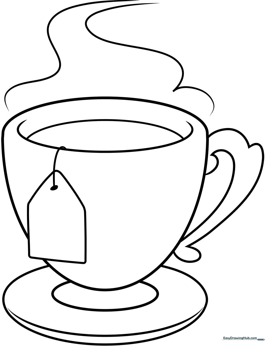 Black and white line art of a simple tea cup with a saucer, featuring clear outlines for easy coloring by children.