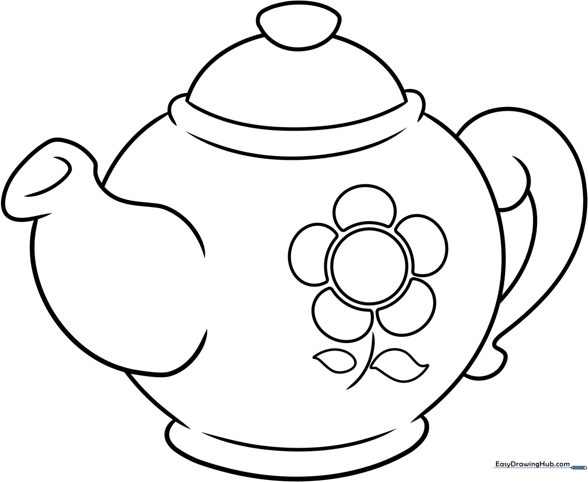 Black and white line art of a classic tea pot with a curved handle and spout, designed for children to color.