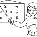 Line art illustration of a smiling teacher standing in front of a chalkboard, ready for coloring.