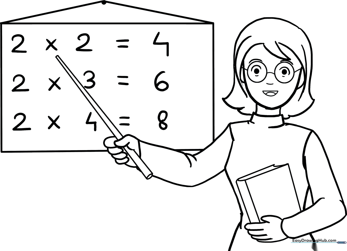 Line art illustration of a smiling teacher standing in front of a chalkboard, ready for coloring.