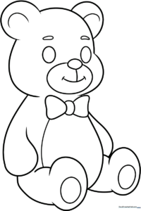 A friendly teddy bear with a round belly and soft features, featuring clean, thick black outlines for easy coloring by young children.