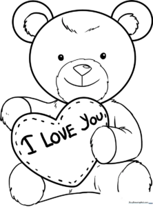 A clean, black-and-white line art illustration of a cute teddy bear holding a large heart, designed for children to color.