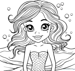 Line art of a teen mermaid with flowing hair and a detailed tail, designed for children to color with markers or crayons.