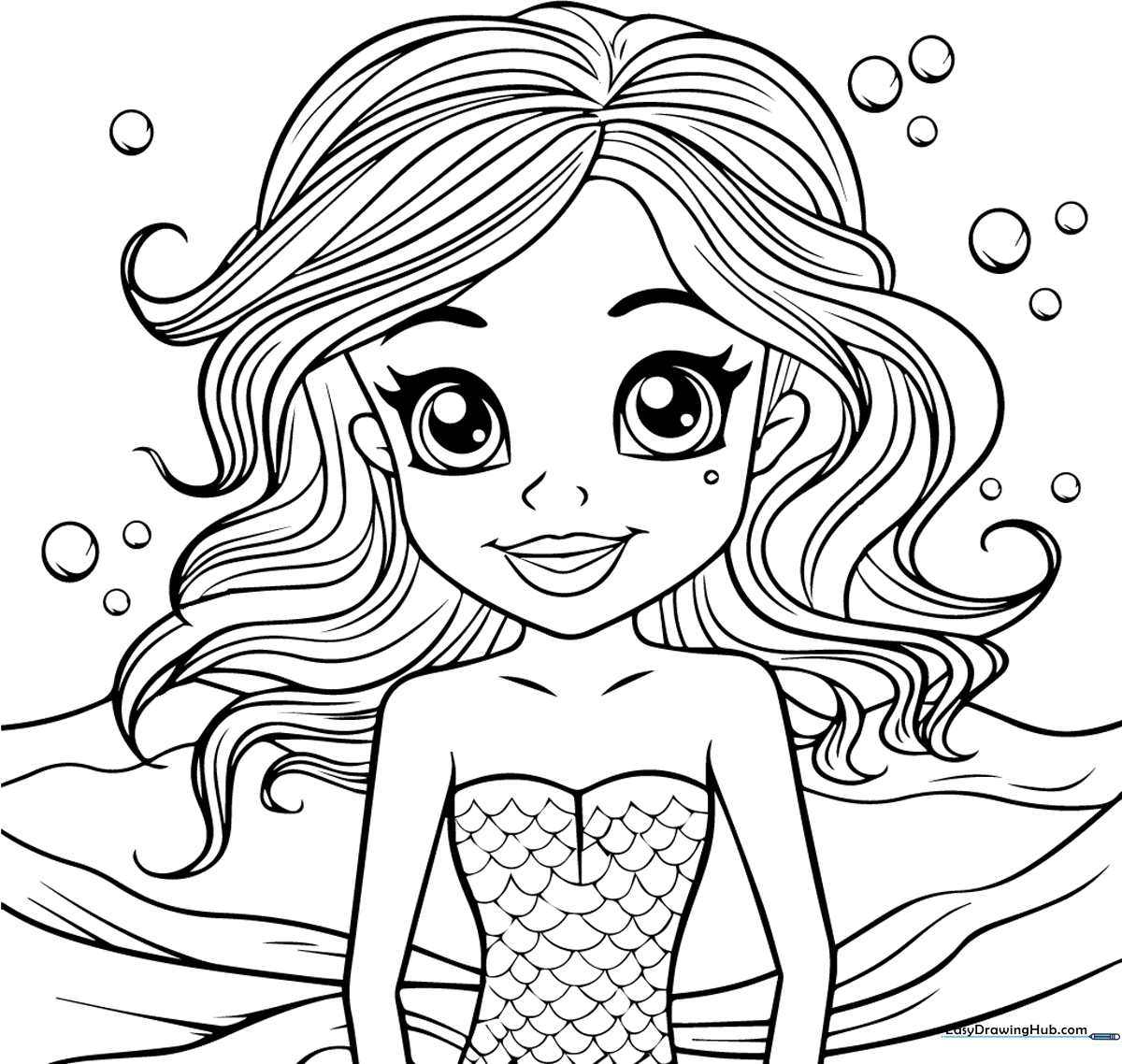 Line art of a teen mermaid with flowing hair and a detailed tail, designed for children to color with markers or crayons.