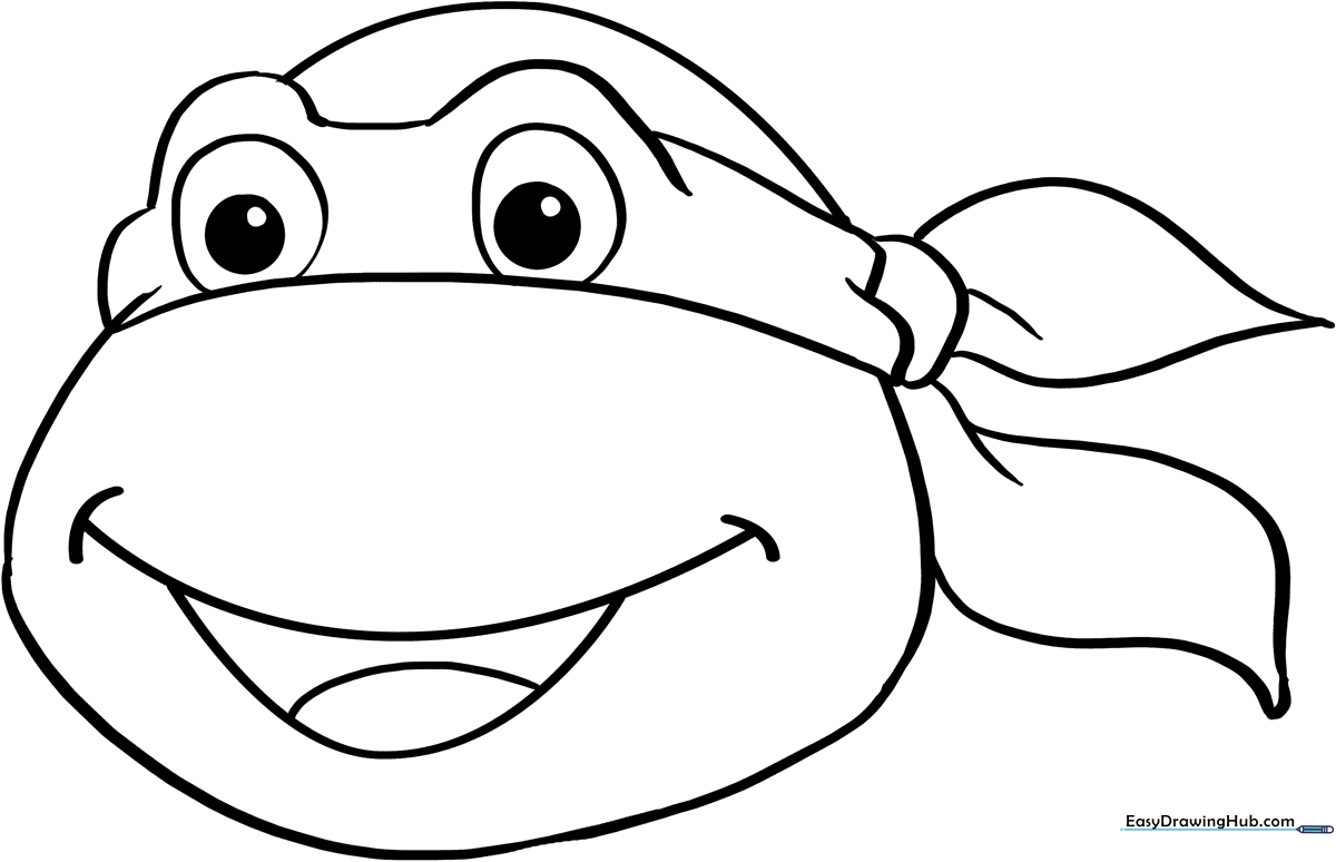 Black and white line art of a Teenage Mutant Ninja Turtle face featuring a tied mask, perfect for children to color with markers or crayons.