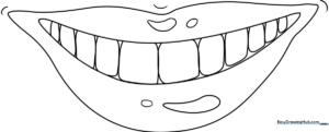 Black and white line art of a wide, smiling mouth showing teeth and lips, designed for children to color.