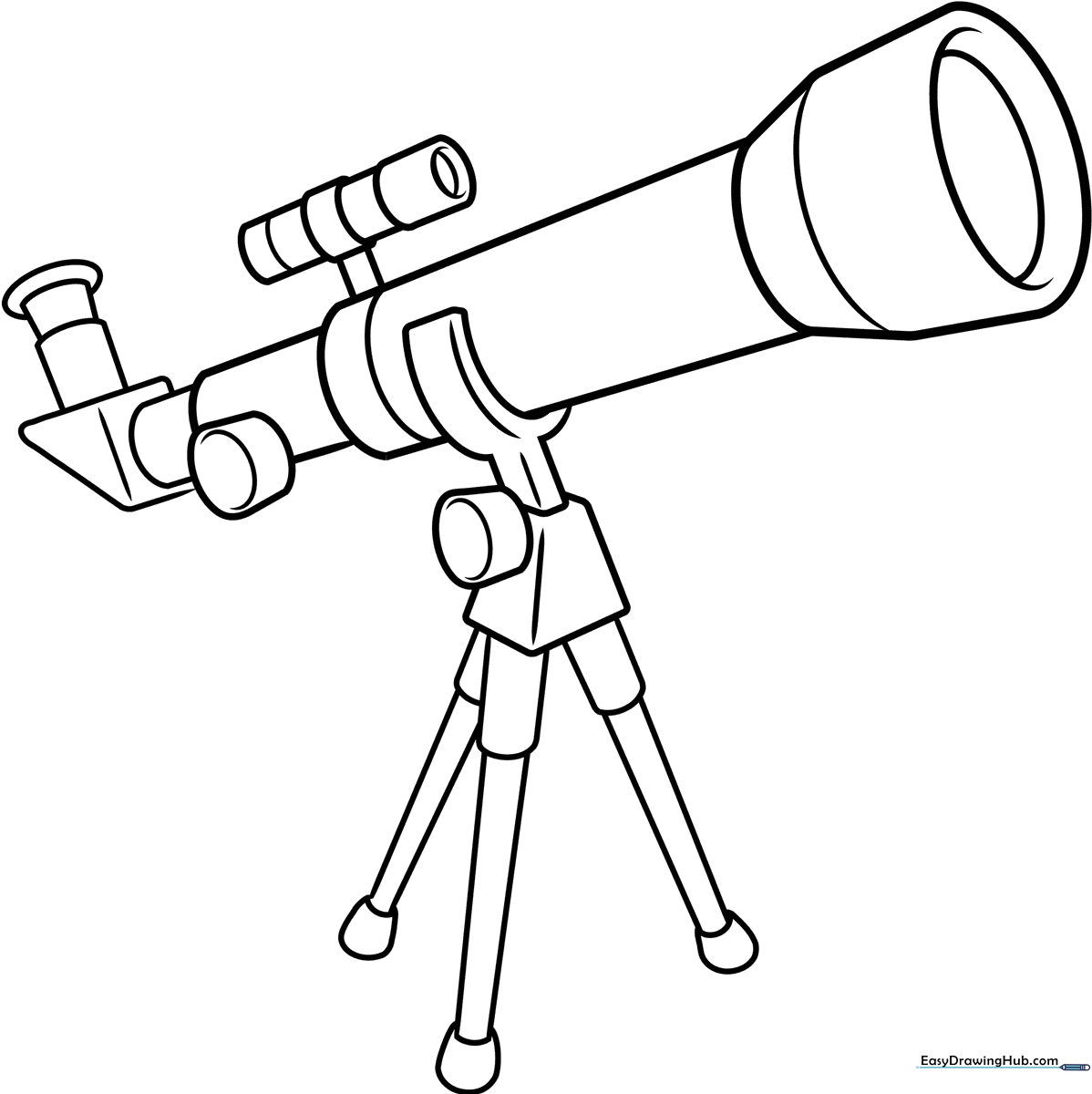 Black and white line art of a classic tripod telescope, featuring clear outlines for easy coloring by children.