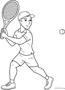 Line art of a tennis player holding a racket, ready for coloring with clear outlines for easy filling.