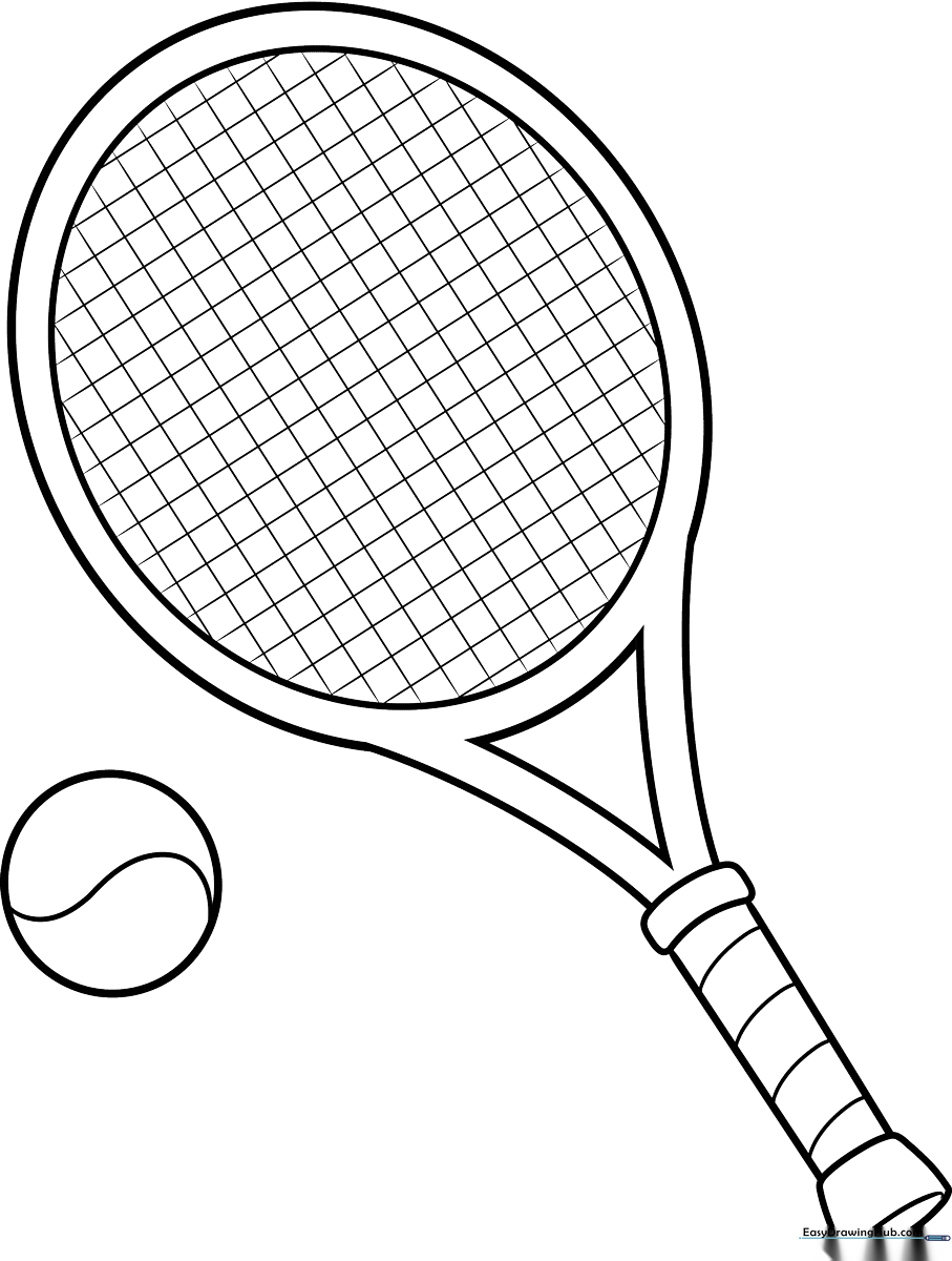 Black and white line art of a tennis racket with a cross-hatched string pattern and a round tennis ball, designed for children to color.