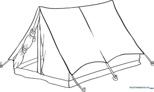 Black and white line art of a classic A-frame camping tent on a grassy patch, designed for children to color.