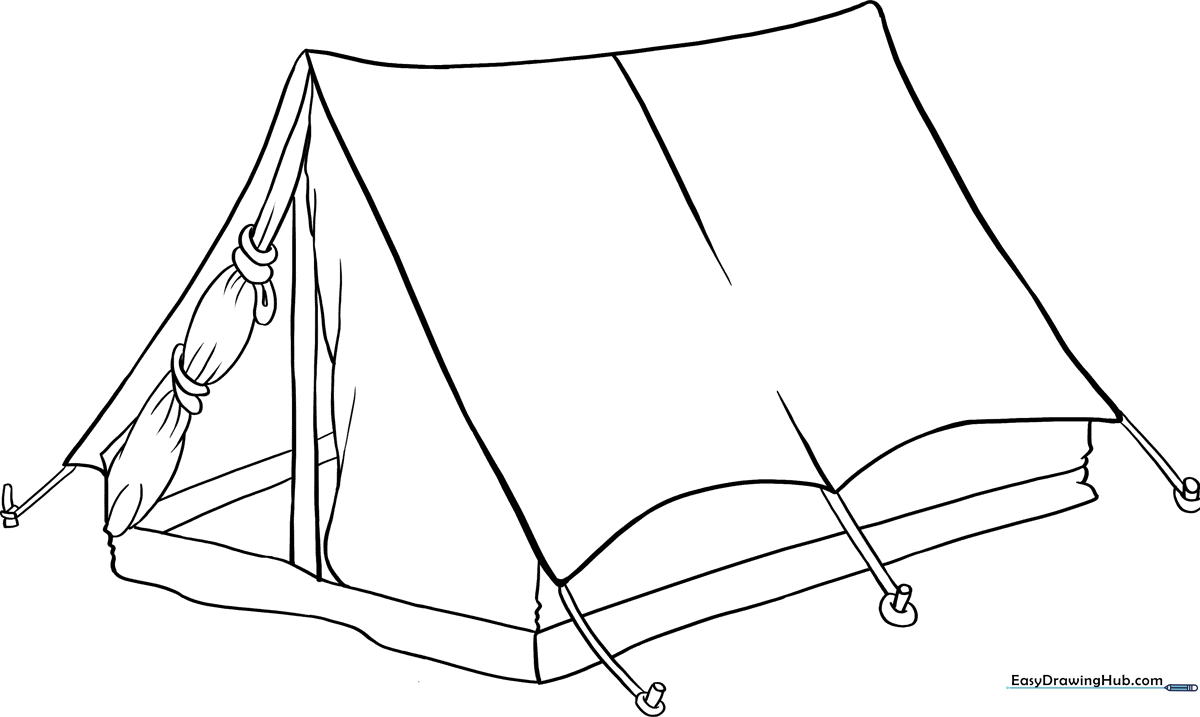 Black and white line art of a classic A-frame camping tent on a grassy patch, designed for children to color.
