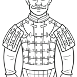Black and white line art of a standing Terracotta Warrior soldier in traditional armor, ready for coloring.