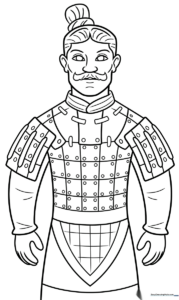 Black and white line art of a standing Terracotta Warrior soldier in traditional armor, ready for coloring.
