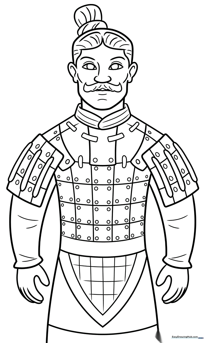 Black and white line art of a standing Terracotta Warrior soldier in traditional armor, ready for coloring.