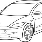 Clean line art of a modern electric sedan for children to color, featuring bold outlines and simplified car details for easy coloring.