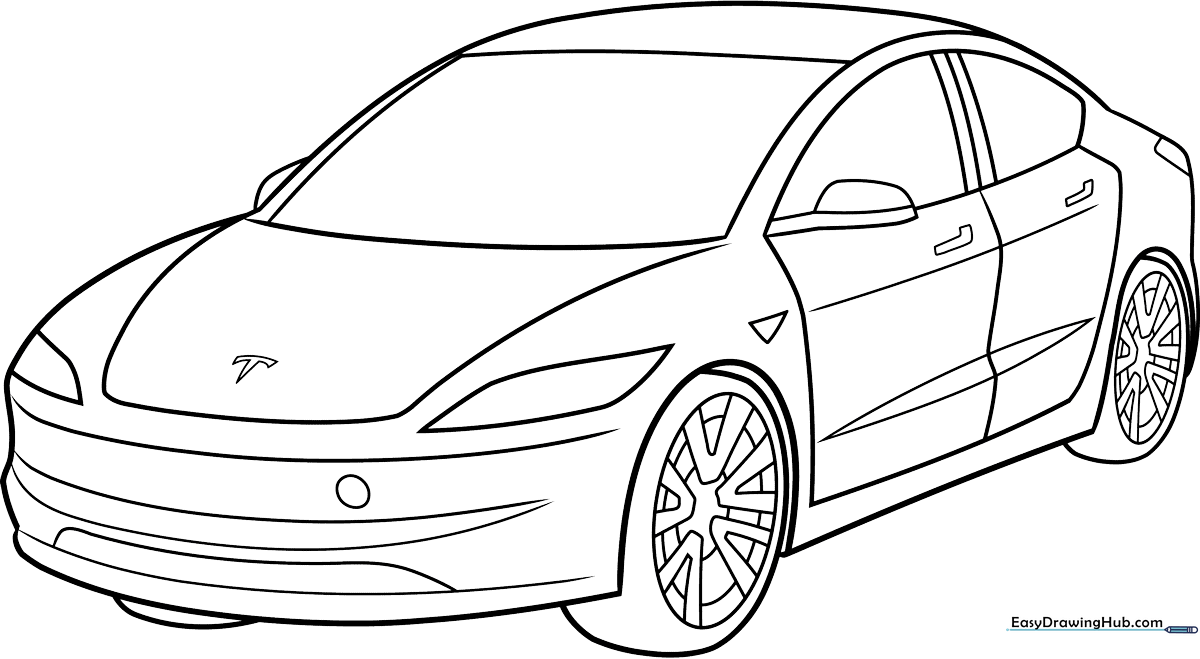Clean line art of a modern electric sedan for children to color, featuring bold outlines and simplified car details for easy coloring.