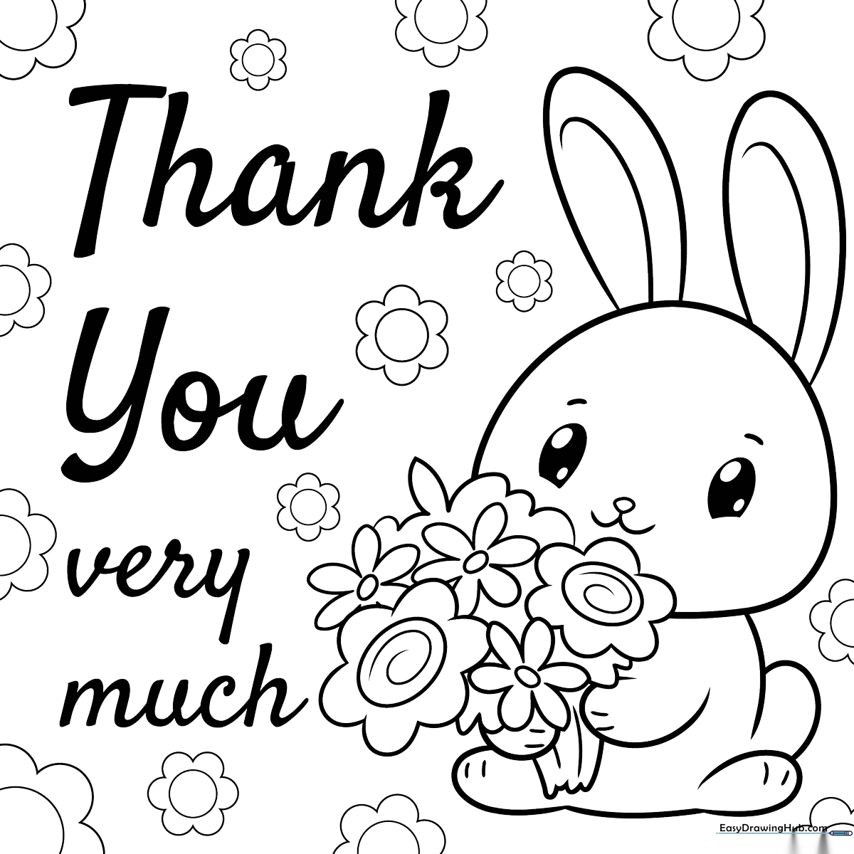 Black and white line art of a folded greeting card with 'Thank You' lettering and decorative elements, ready for children to color.