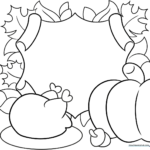 A festive, hand-drawn style Thanksgiving card template featuring holiday icons ready for coloring with crayons or markers.