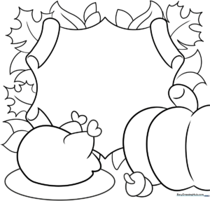 A festive, hand-drawn style Thanksgiving card template featuring holiday icons ready for coloring with crayons or markers.