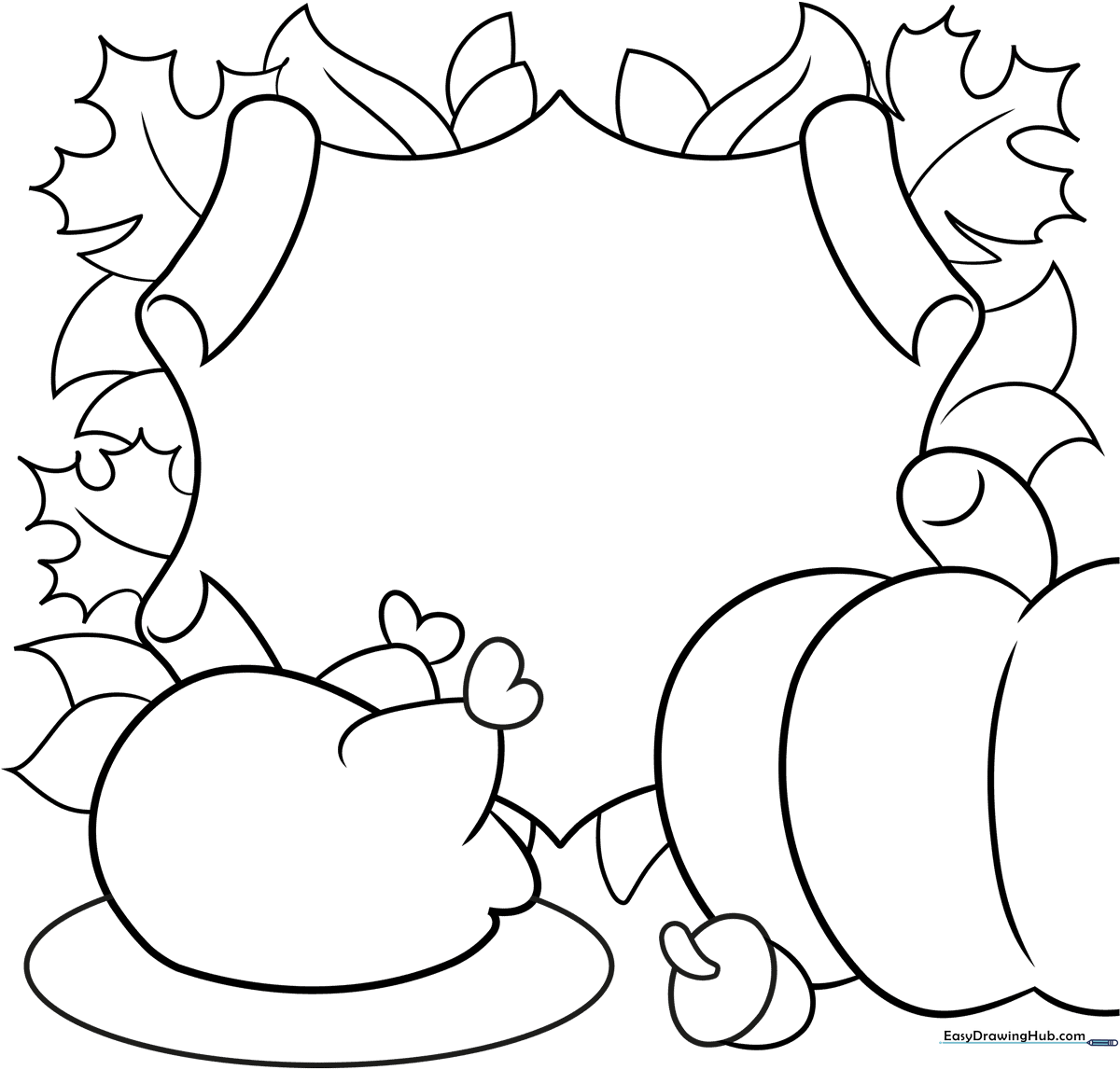 A festive, hand-drawn style Thanksgiving card template featuring holiday icons ready for coloring with crayons or markers.