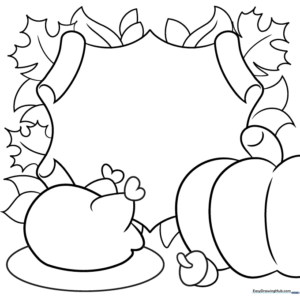 Printable Thanksgiving card template with turkey, pumpkin, and autumn leaves for kids to color