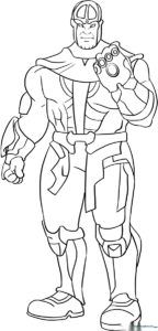 Black and white line art of Thanos from the Avengers, featuring his signature armor and gauntlet, ready for children to color.