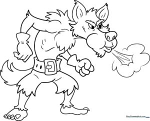 Black and white line art of a cartoon Big Bad Wolf standing with a sly expression, designed for children to color with markers or crayons.
