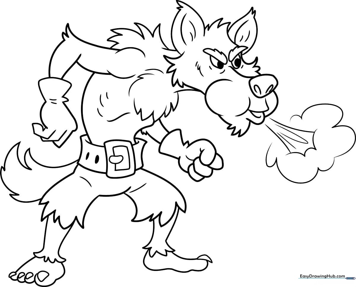 Black and white line art of a cartoon Big Bad Wolf standing with a sly expression, designed for children to color with markers or crayons.