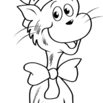 Black and white line art of The Cat in the Hat featuring bold outlines, ideal for children practicing coloring within the lines.