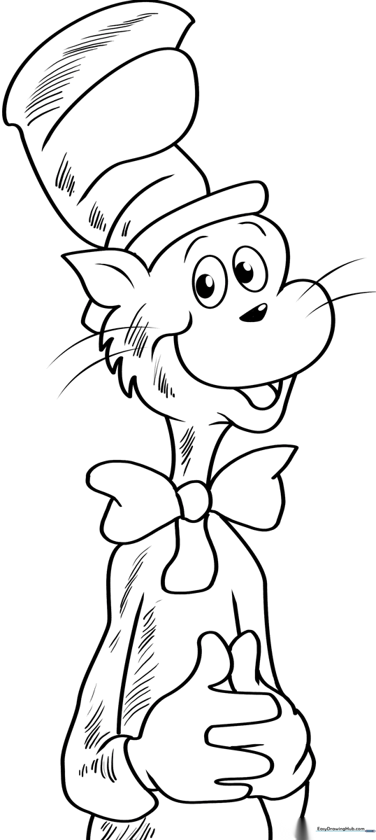 Black and white line art of The Cat in the Hat featuring bold outlines, ideal for children practicing coloring within the lines.