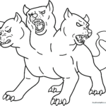 Black and white line art of a friendly Cerberus with three distinct heads and expressive faces, ready for coloring.