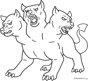 Black and white line art of a friendly Cerberus with three distinct heads and expressive faces, ready for coloring.