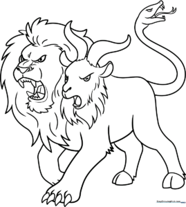 Black and white line art of a Chimera featuring a lion head, a goat head, and a snake-headed tail, ready for coloring.