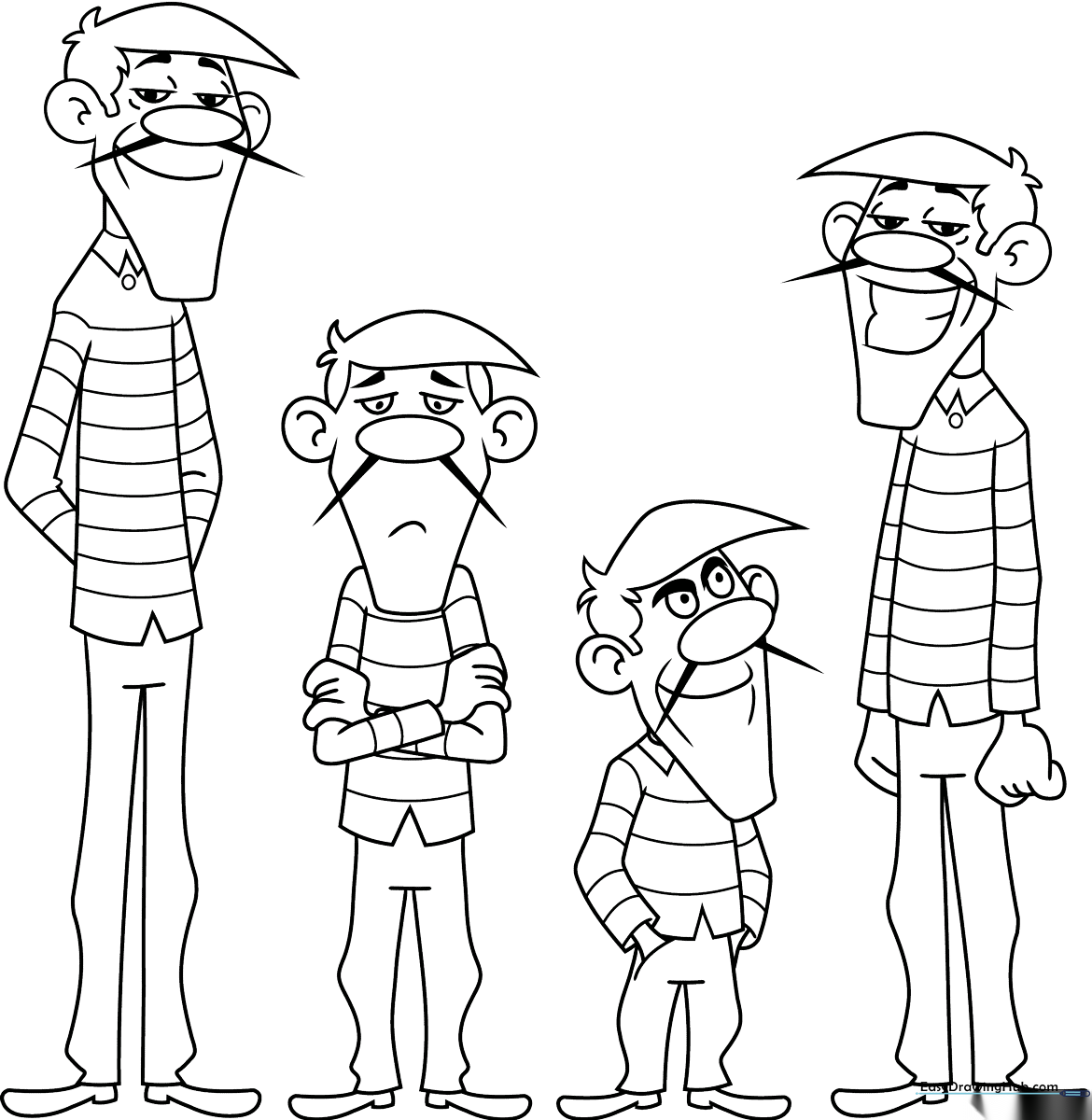 Black and white line art of the four Dalton brothers from Lucky Luke, featuring distinct heights and expressions, ready for coloring.