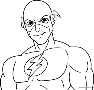 Black and white line art of The Flash in a dynamic running pose, featuring clear outlines for easy coloring by children.