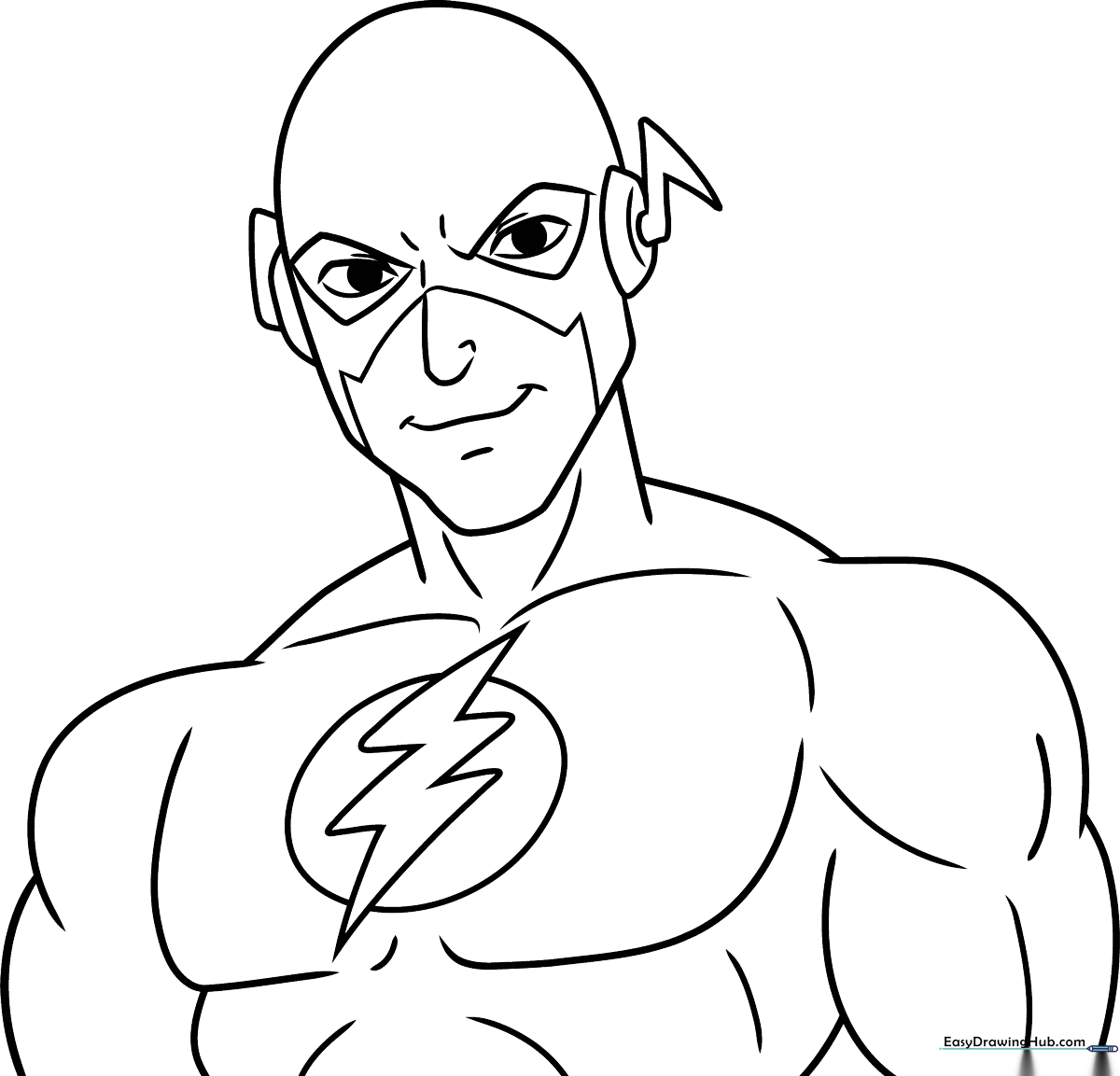 Black and white line art of The Flash in a dynamic running pose, featuring clear outlines for easy coloring by children.