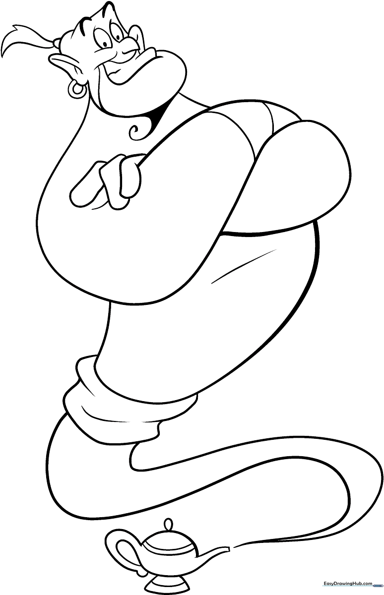 Black and white line art of the Genie from Aladdin, featuring his iconic ponytail and expressive face, ready for children to color.