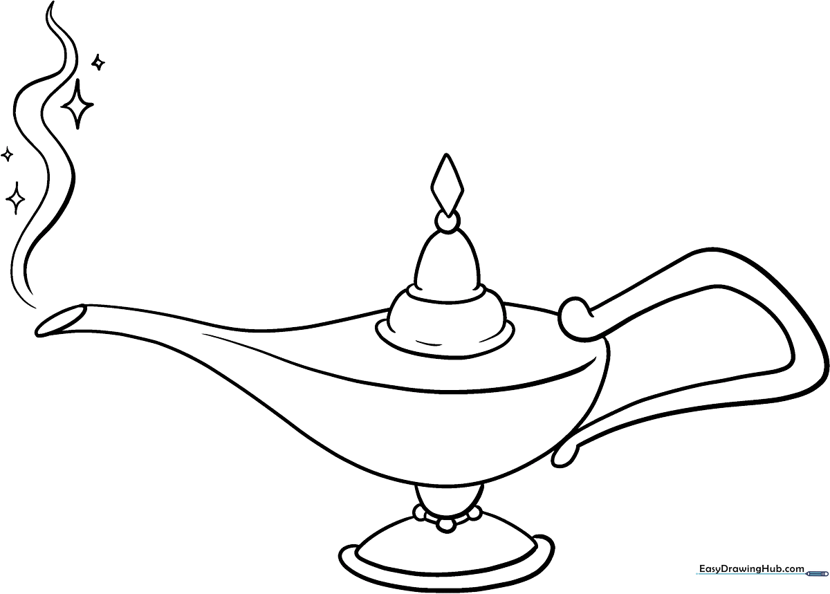 Black and white line art of a classic Genie lamp with a curved spout and ornate handle, ready for children to color.