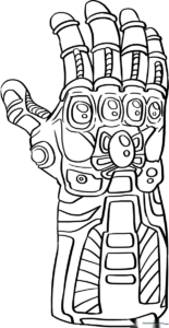 Black and white line art of the Infinity Gauntlet featuring six empty gem slots, ready for coloring and shading practice.