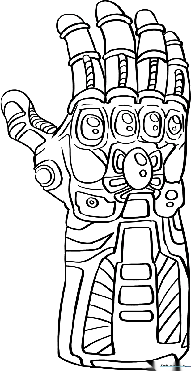 Black and white line art of the Infinity Gauntlet featuring six empty gem slots, ready for coloring and shading practice.