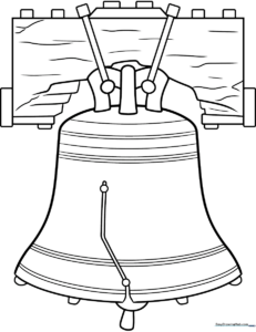 Black and white line art of the Liberty Bell with its iconic crack, centered on a clean background for easy coloring by children.