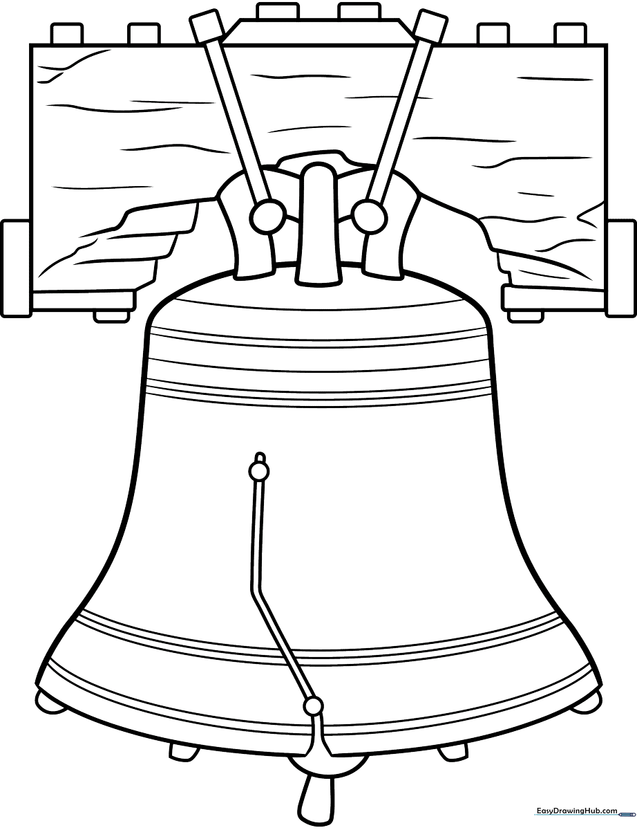 Black and white line art of the Liberty Bell with its iconic crack, centered on a clean background for easy coloring by children.