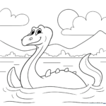 Black and white line art of the Loch Ness Monster with a long neck and friendly expression, ready for coloring.