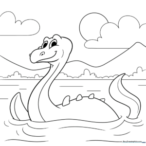 Black and white line art of the Loch Ness Monster with a long neck and friendly expression, ready for coloring.