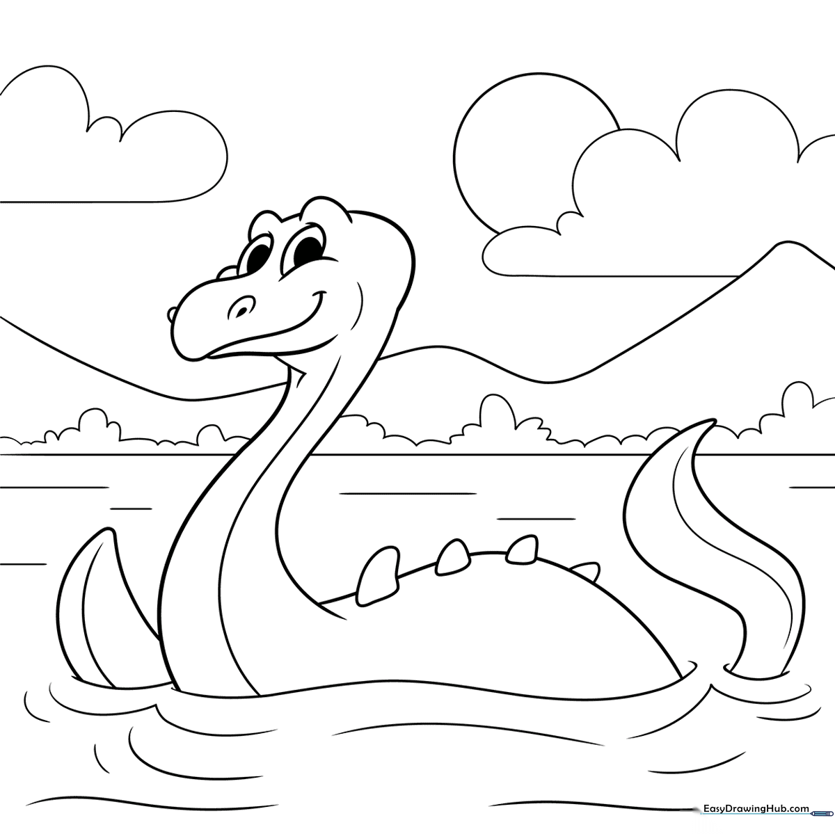 Black and white line art of the Loch Ness Monster with a long neck and friendly expression, ready for coloring.