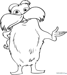 Line art of The Lorax with his signature bushy mustache and eyebrows, ready for coloring on a white background.