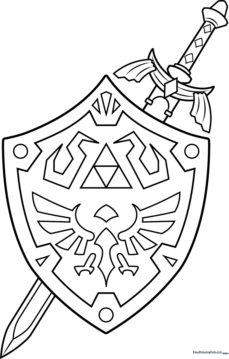 Black and white line art of the Master Sword resting behind the Hylian Shield, featuring the iconic Triforce and wing symbols, ready for coloring.